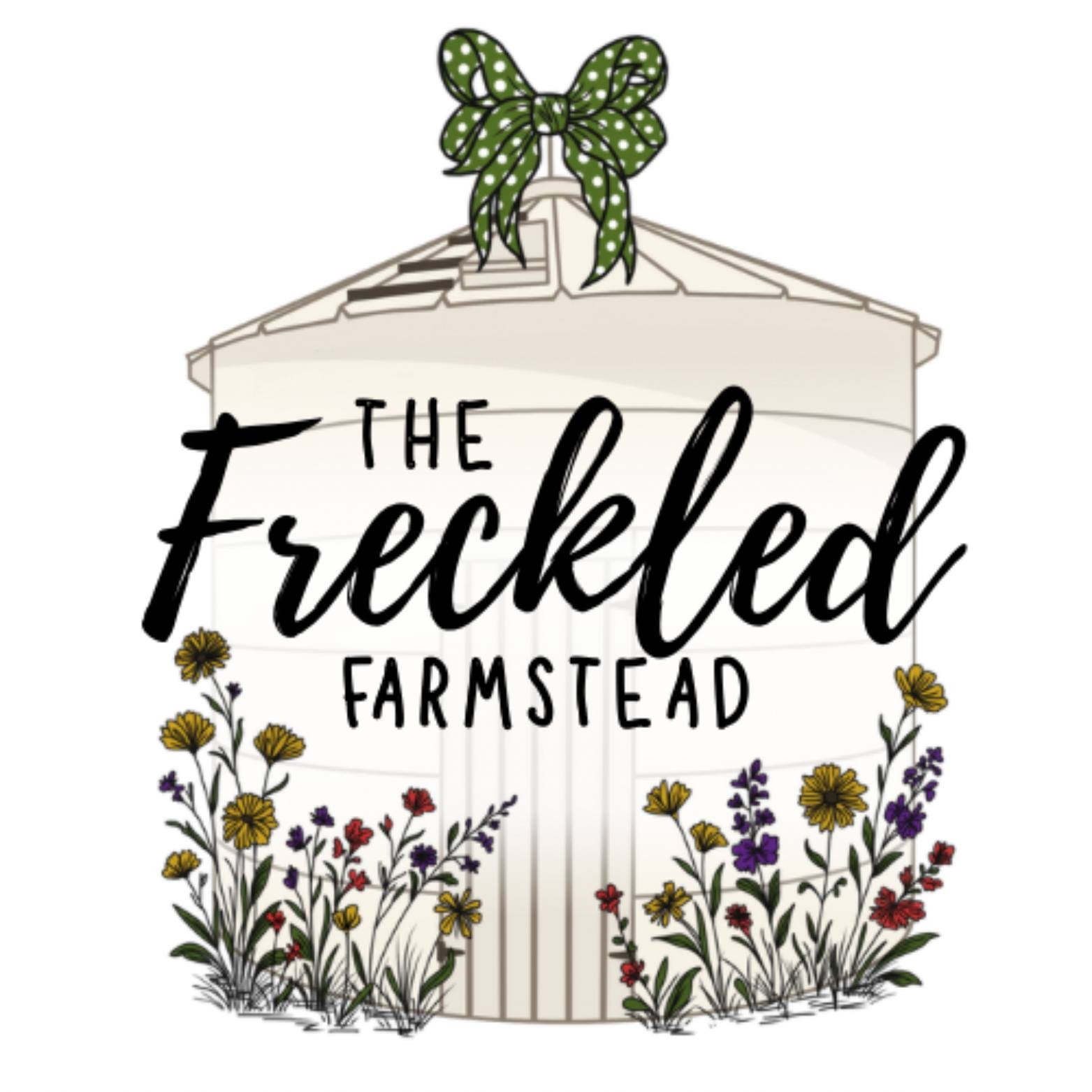 The Freckled Farmstead logo: a grain bin tied with a green polka-dot bow, wildflowers at its base